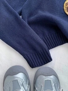 SHEIN Teenage Girl Oversized Crew Neck Casual Bear Graphic Long Sleeve Pullover Sweater In Blue, Red, White, Thermal, Fashionable Streetwear, Loose, Suitable For School, Sports, College, Vintage,In Fall/Winter