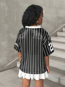 SHEIN Tween Girls Casual Street Style Striped Letter Print Loose T-Shirt And White Layered Mini Skirt 2-Piece Set - White - View 4