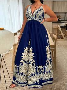SHEIN LUNE Đầm Maxi Chữ A Cổ Chữ V Sâu In Họa Tiết Cổ Điển Cỡ Lớn, Phù Hợp Đi Chơi, Đi Nghỉ, Hẹn Hò, Tiệc Tùng - Nhiều màu - Xem 3