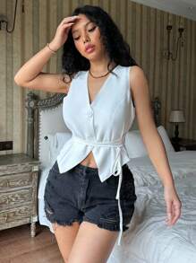 Chiquease Button Front Belted Vest Jacket - White - View 6