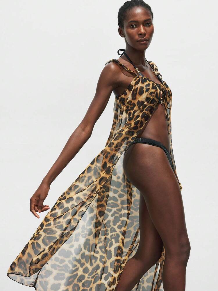 SHEIN Maija Women's Leopard Print Sheer Dress Cover Up For Beach Vacation, Vintage, Western Wear Women