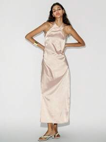 SHEIN LUNE Women's Sleeveless Dress, Elegant For Party Occasions Satin Long Dress Halter Neck Satin Dress Modest Wedding Guest Dress Women - Champagne - View 5