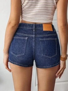 Breezaya 女式休闲低腰带口袋牛仔短裤 - 深色水洗藍 - 查看 2