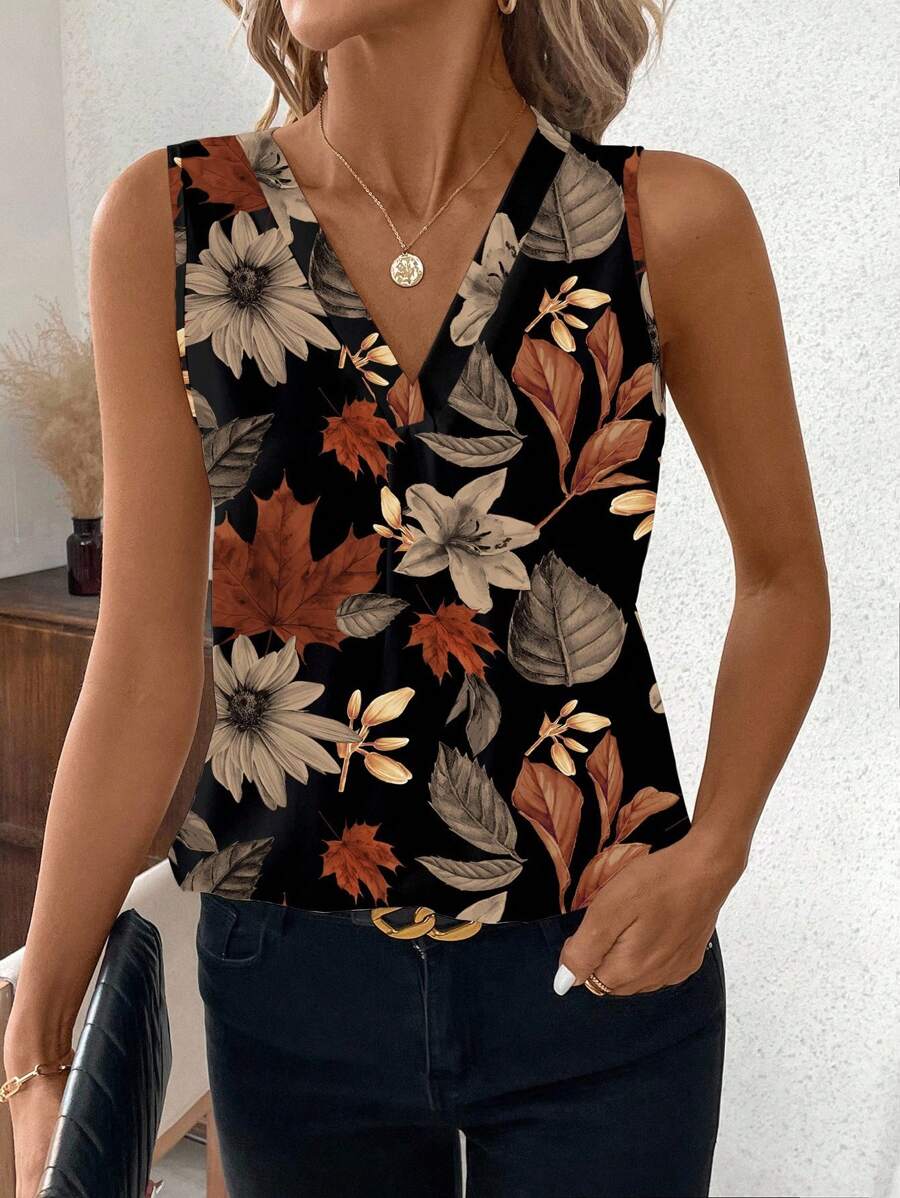 SHEIN Clasi Vintage Floral Print V-Neck Sleeveless Women Blouse, Suitable For Summer Suitable For Going Out - Multicolor - View 1