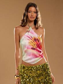 SHEIN BAE Women's Summer Green Sexy Floral Print Satin Halter Neck Crop Top Suitable For Summer Tops, Beach Tops, Vacation Tops, Lily Flower Tops, Going Out Tops, Ibiza Holidays,Boho Tops,Green Tops - Green - View 6