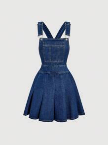 SHEIN MOD 女士牛仔背带裙，休闲修身迷你背带裙，粉色 - 深色水洗藍 - 查看 1