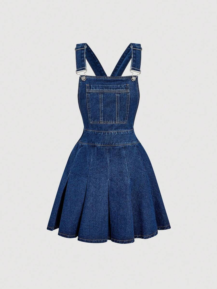 SHEIN MOD 女士牛仔背带裙，休闲修身迷你背带裙，粉色 - 深色水洗藍 - 查看 1