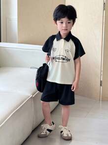 SHEIN Little Byeori 2pcs/Set Young Boys Casual Color Block Raglan Sleeve Polo Shirt And Shorts Set - Multicolor - View 6