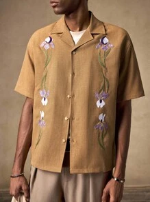 AKNOTIC Business Casual Camisa polo de manga corta casual de corte slim con bordado floral en caqui, adecuada para verano, otoño, vacaciones, uso diario, fiestas, parejas, regalo para hombres