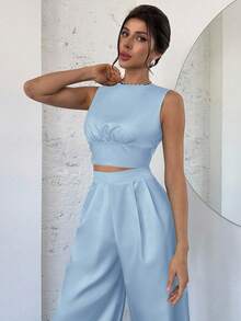 Firerie 女士优雅简约别致性感浪漫通勤音乐节派对情人节约会露背无袖上衣和褶皱阔腿裤黑色 2 件套 - 藍色 - 查看 6