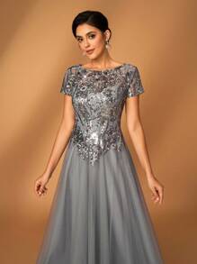 Serin 女士优雅华丽奢华灰色亮片刺绣拼接网纱圆领短袖A字裙摆连衣裙，适合晚宴、单身派对、约会、舞会、假日、婚礼宾客礼服，优雅新娘母亲礼服，适合婚礼、情人节等场合。 - 咖啡 - 查看 7