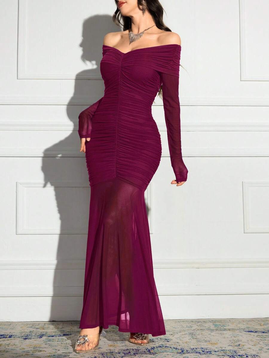 Modelyn Women's Plain Color Ruched Off Shoulder Elegant Long Sleeve Long Dress