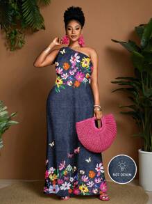 Maweii 加大码女式数码牛仔印花连体裤，时尚性感淑女度假风格，适合时尚日常装 - 彩色 - 查看 1