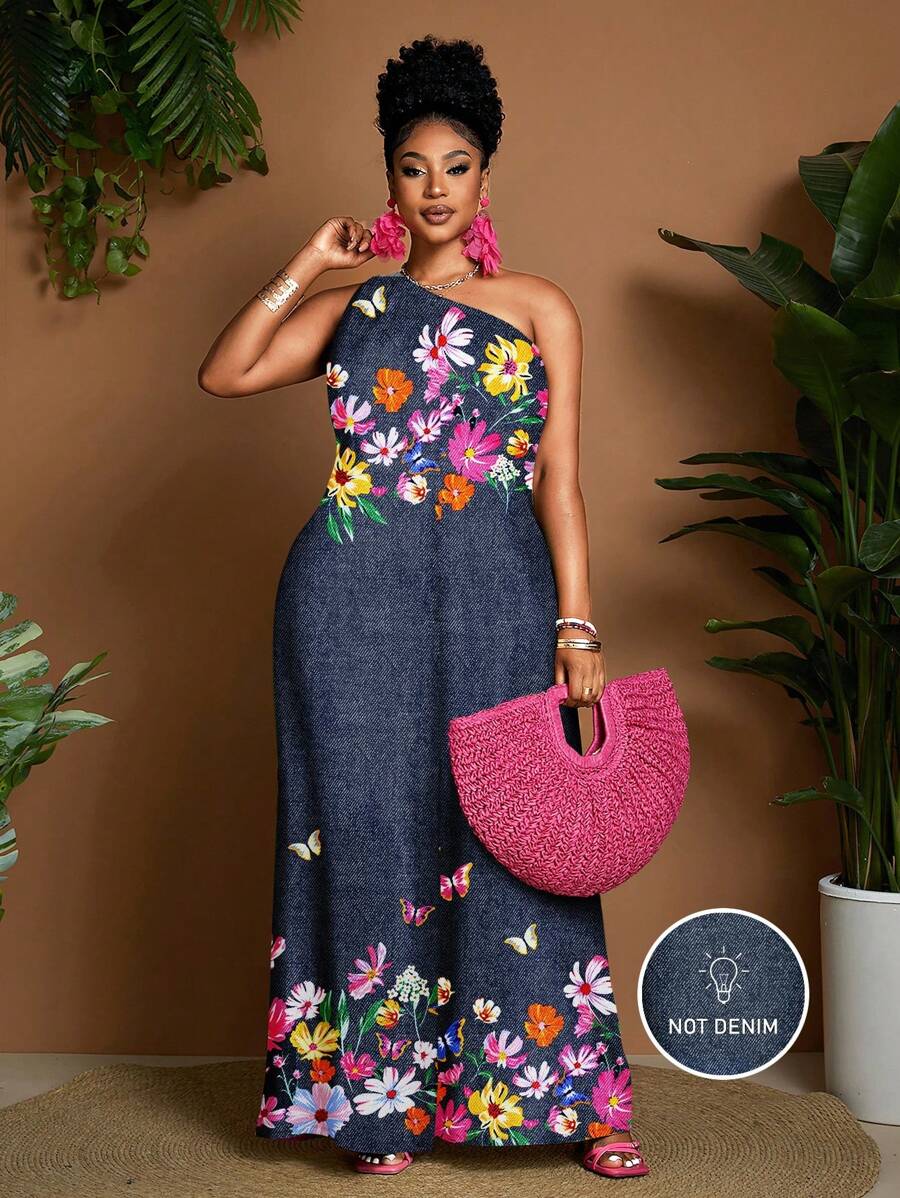 Maweii 加大码女式数码牛仔印花连体裤，时尚性感淑女度假风格，适合时尚日常装 - 彩色 - 查看 1