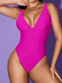 Shapewave Traje de baño de una pieza con control de abdomen, alza glúteos, cuello en V marrón terroso y paneles laterales divididos, para control de línea, elegante y minimalista, para vacaciones y playa en primavera y verano