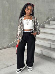 SHEIN Tween 女童休闲黑色针织字母印花腰直筒裤，开学季 - 黑色 - 查看 5