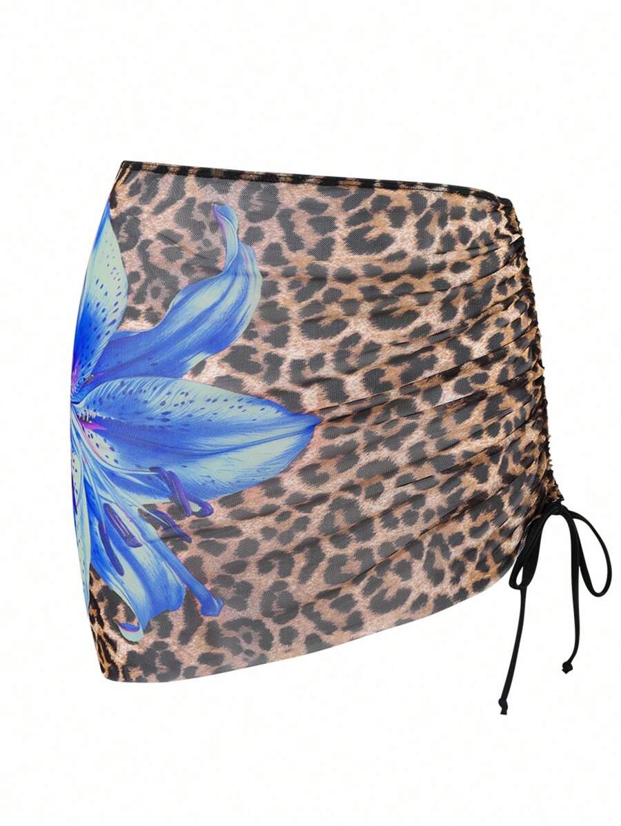 SHEIN Swim 2pcs Women's Leopard & Floral Print Kimono & Mini Skirt Set, Random Print For Summer Beach Vacation - Blue - View 1