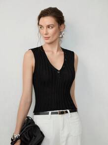 Uhlyne 女士简约 V 领插肩袖罗纹针织上衣，休闲优雅衬衫，适合外出约会，夏季/秋季 - 黑色 - 查看 6