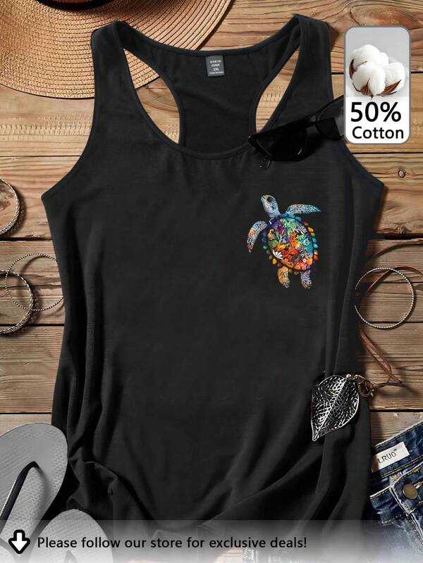 Tseoso Ocean Life Turtle & Coral Graphic Casual Cotton 50% Women Racerback Tank Top, Getaway
