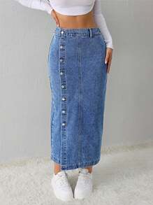 SHEIN PETITE 女士蓝色牛仔半身裙中长裙办公室装铅笔裙夏季开衩牛仔半身裙 - 淺色水洗藍 - 查看 7