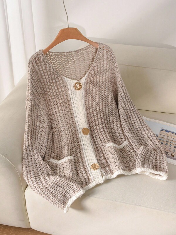 CosyJoli Plus Size Casual Metalen Gesp Colorblock Grof Gebreid Vest