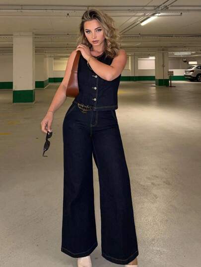 Jeta Ari Conjunto de 2 piezas de chaleco y pantalones de mezclilla casual para mujer, minimalista y de moda para uso diario