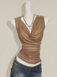 SHEIN ICON Débardeur ample au décolleté plongeant avec perles, dos nu, style américain, polyvalent