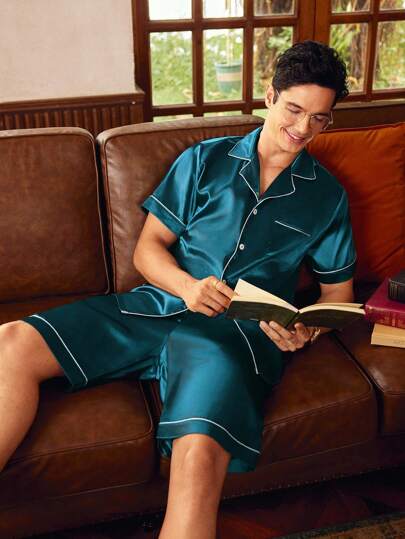 SHEIN EverLounge Conjunto de pijama de hombre con pantalón corto y camisa de manga corta con ribete de bloqueo de color en popelín