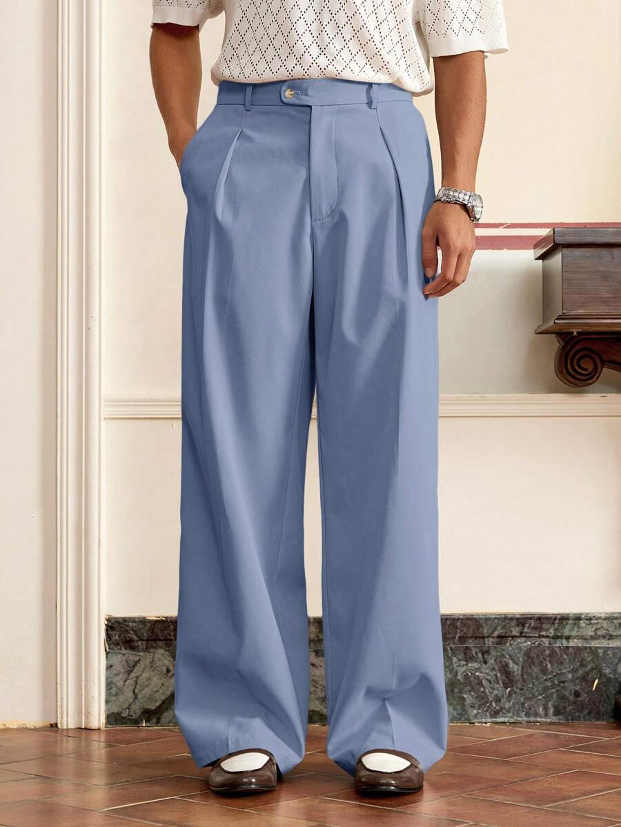 Manfinity VCAY Men's Woven Casual Loose Solid Color Elastic Waist Wide Leg Pants, Fall - Dusty Blue - View 1