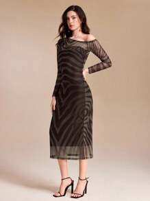 Ishaarah Zebra Printed Transparent Mesh One Shoulder Bodycon Midi Dress With Inner Dress Elegant Party Fall Clothes Homecoming Dress Modest - Brown - View 4