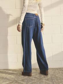 Aralina 女式直筒宽松休闲口袋牛仔裤，百搭 - 深色水洗藍 - 查看 2