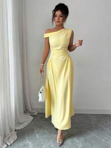 Elenzga 春夏新款优雅女士黄色单肩斜领长款收腰休闲度假沙滩连衣裙，适合情人节约会、派对、日常外出、晚餐等场合。 - 黃色 - 查看 6