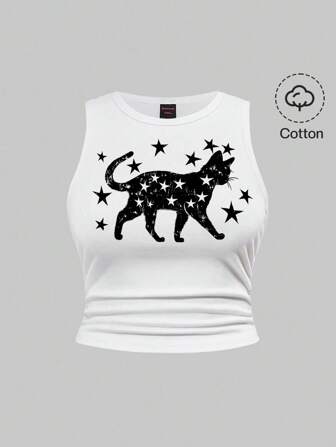 Grunge Punk Débardeur blanc en coton imprimé avec motif de chat mignon et d'étoile, style punk de la rue Y2K, disponible en grande taille
