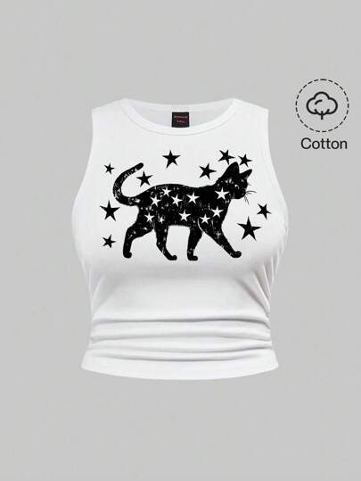 Grunge Punk Camiseta de tirantes blanca de algodón estilo callejero punk Y2K con estampado de gato lindo y estrella, tallas disponibles hasta talla grande
