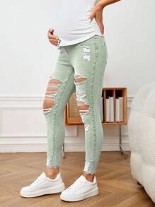 SHEIN Adjustable Waist Maternity Ripped Skinny Casual Jeans - Army Green - View 5