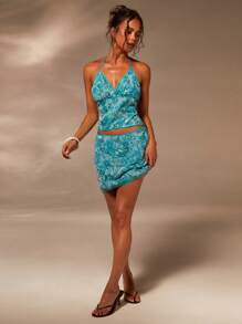 Athîral Women's Fashionable Sequin Decor Mini Skirt, Summer,Autumn,Y2k Style,Vintage Style,Holiday,Vacation - Blue - View 3