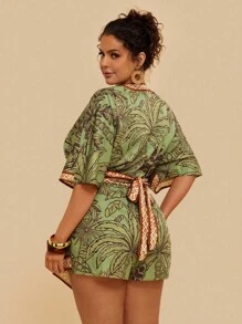 Travachic Set da 2 pezzi di shorts stampati con motivi tropicali e top corto a V con fiocco per donna in taglie grandi