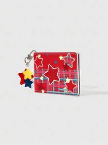 ROMWE Kawaii Y2K 红色格子星星图案多功能卡包，可爱复古身份证钱包带星星吊坠