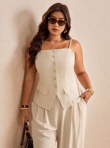 Elaquor Damen Große Größen Camisole Hemd in einfarbig, lässig, Knopfleiste, Sommer