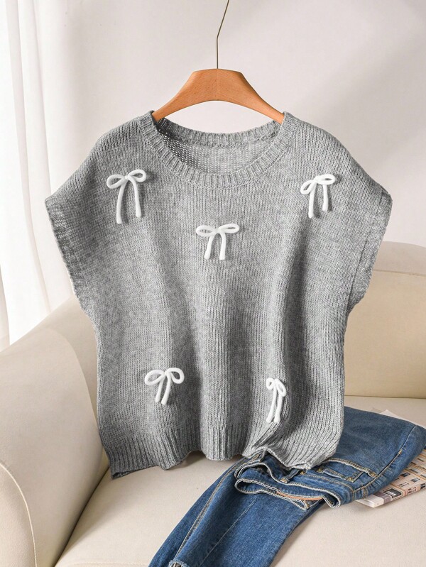 CosyJoli Plus Size Casual 3D Bow Decor Round Neck Batwing Sleeve Loose Knit Sweater