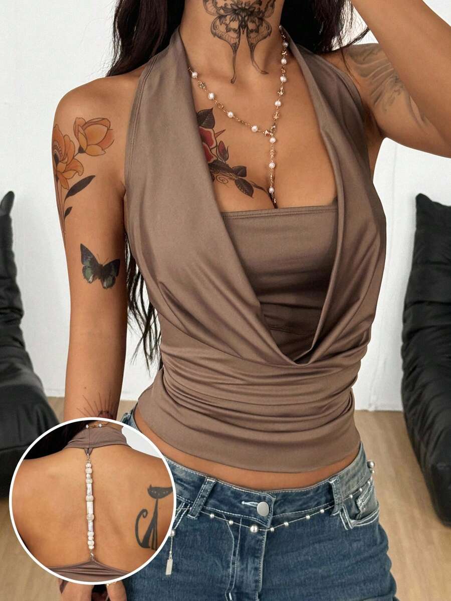 SHEIN x Ludmilla Coolane 女式夏季文艺复兴西部牛仔风 Y2K 女式垂坠领修身露背串珠吊带上衣