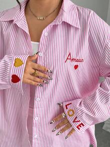 Elenzga Plus Size Women's French Style Striped Embroidered Heart Shirt Fall Cloth For Women - Pink - View 1