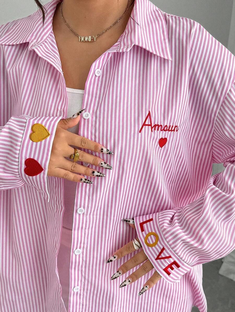 Elenzga Plus Size Women's French Style Striped Embroidered Heart Shirt Fall Cloth For Women - Pink - View 1