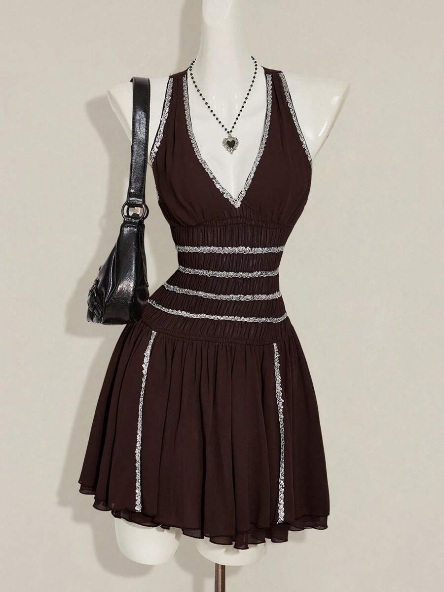 SHEIN ICON 女式夏季无袖交叉后腰收腰迷你连衣裙 - 咖啡棕 - 查看 1
