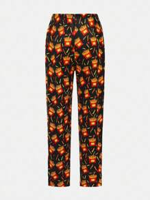 2 件套青少年男孩休闲睡衣套装，炸薯条印花圆领长袖上衣和裤子