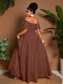 Maweii Vestido maxi casual de talla grande de unicolor con hombros descubiertos - Marrón - Ver 2