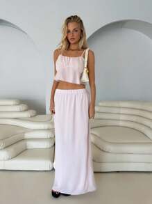 Roylia 2pcs Vacation Casual Solid Color Camisole And Skirt Set - Pink - View 4