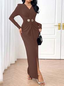 Modelyn Vestido de manga larga de estilo árabe con ajuste de cintura elegante y sencillo para mujer - Café integral - Ver 6