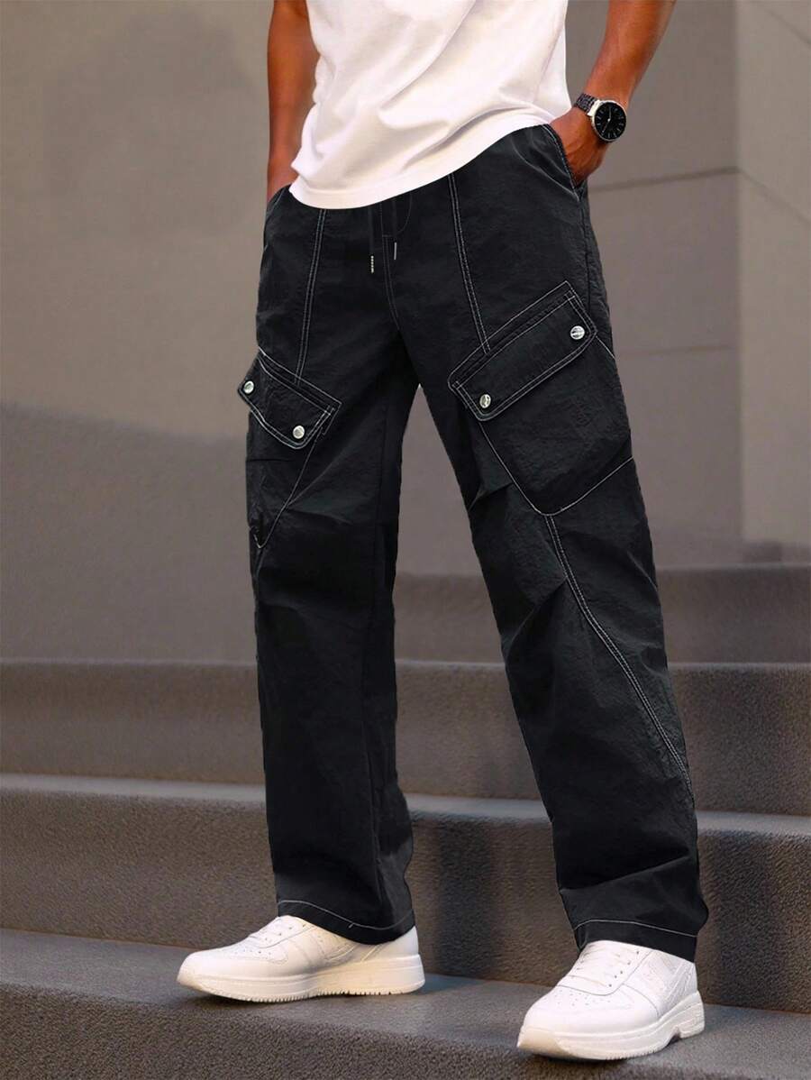 Manfinity Homme Men's Casual Versatile Drawstring Waist Cargo Pants - Black - View 1
