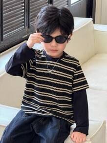 Zikori Zikori Young Boys Casual Black & White Striped Round Neck Long Sleeve T-Shirt